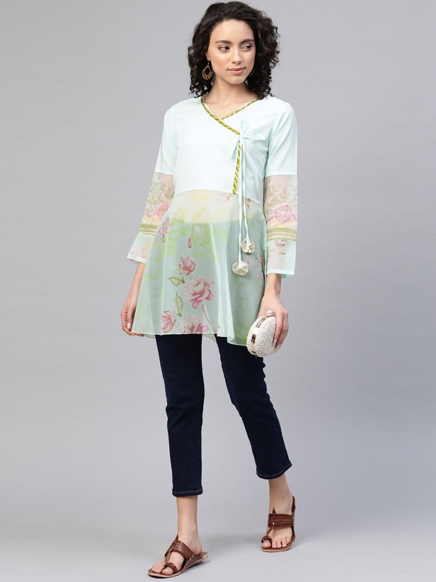 Ahalyaa Women Sea Green & Pink Floral Print Semi-Sheer Angrakha Tunic