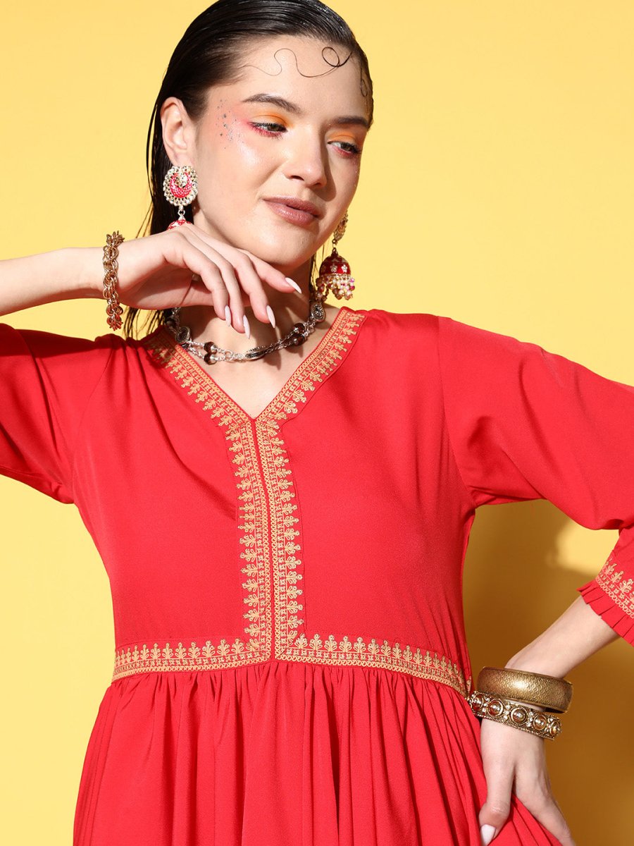 Ahalyaa Women Red Pleated Gotta Patti Kurti with Dhoti Pants