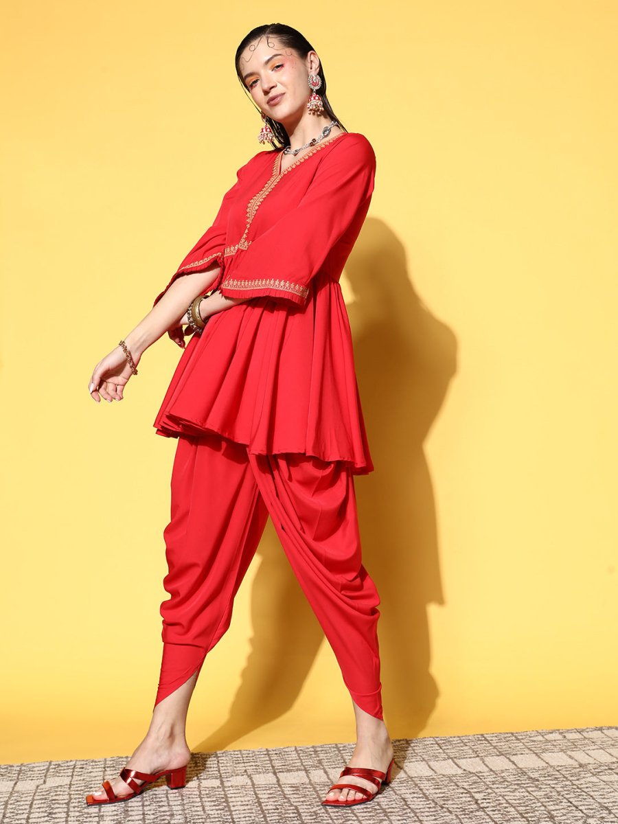 Ahalyaa Women Red Pleated Gotta Patti Kurti with Dhoti Pants
