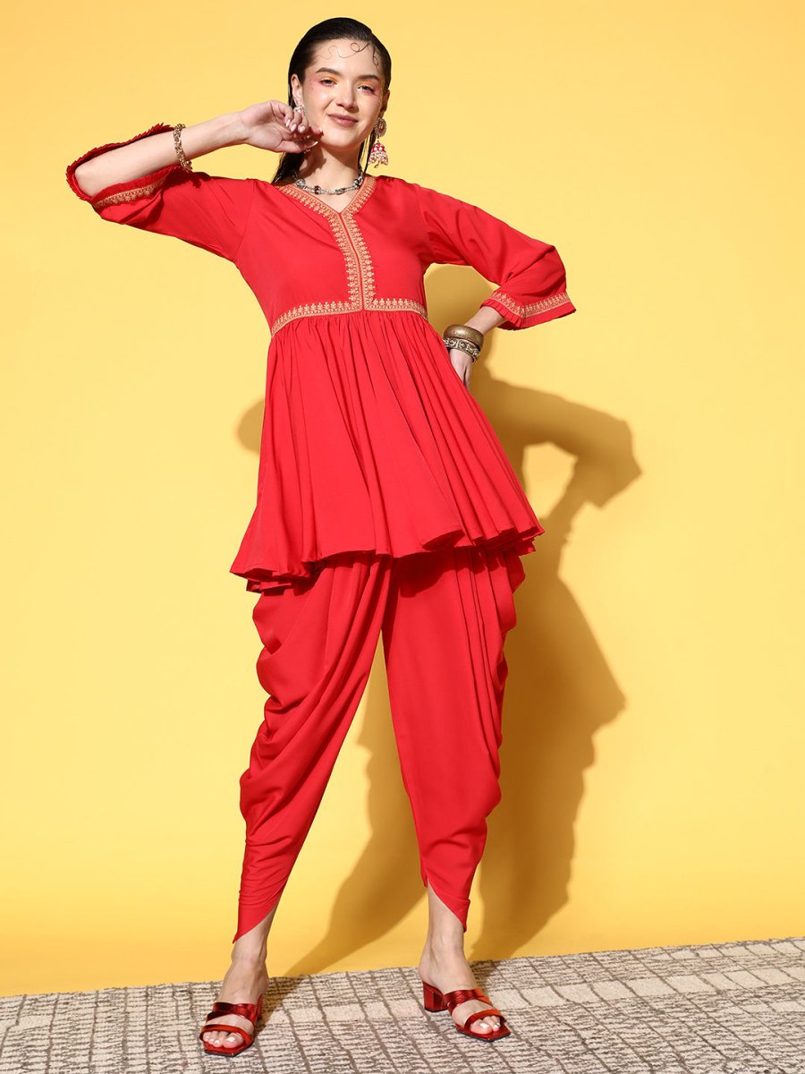 Ahalyaa Women Red Pleated Gotta Patti Kurti with Dhoti Pants