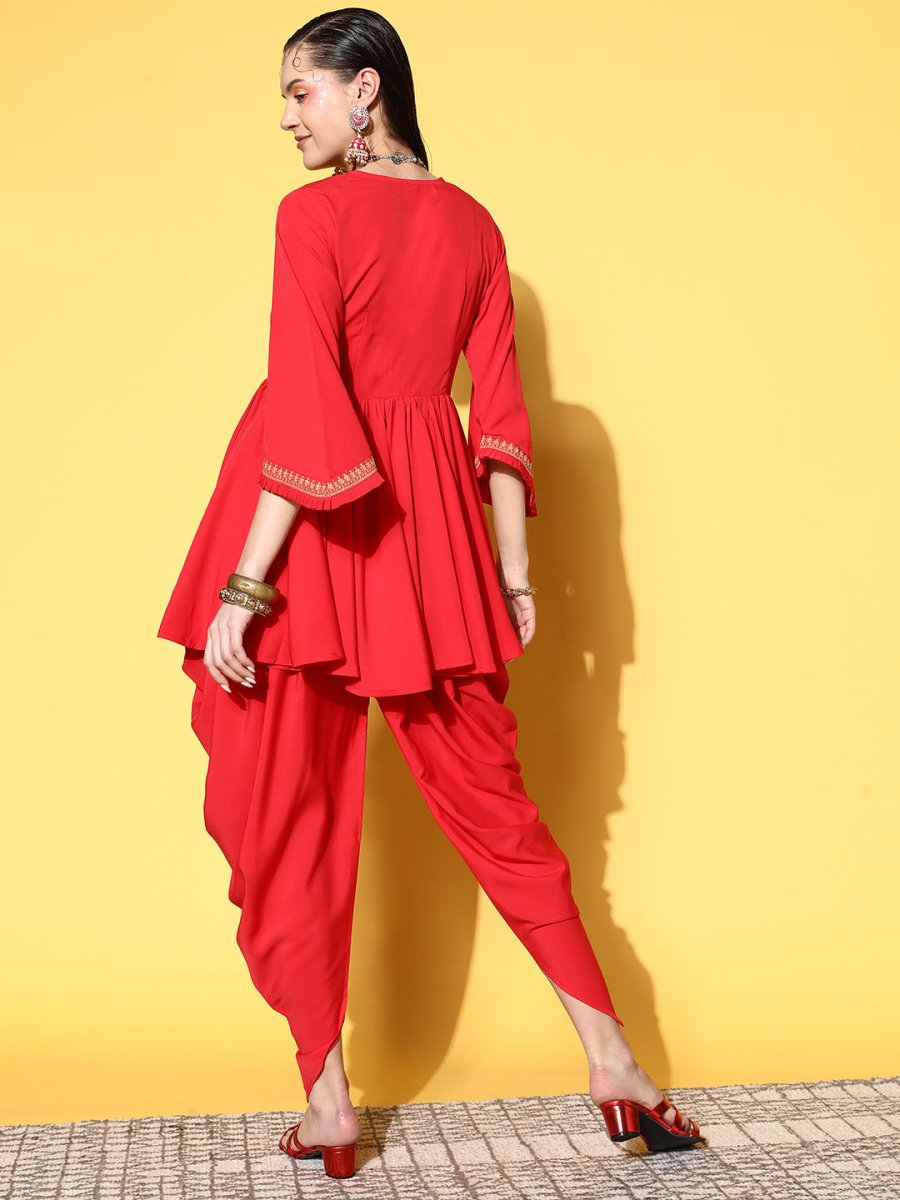 Ahalyaa Women Red Pleated Gotta Patti Kurti with Dhoti Pants