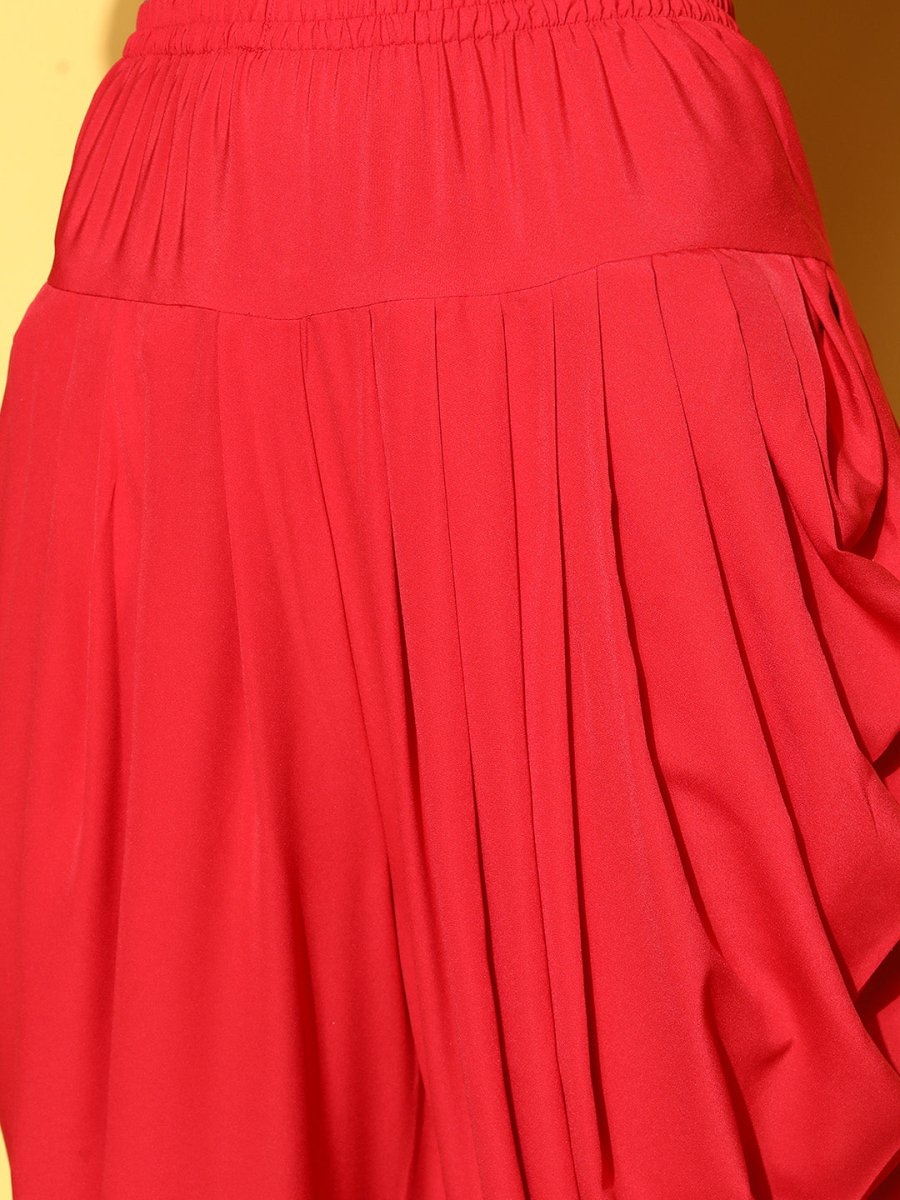 Ahalyaa Women Red Pleated Gotta Patti Kurti with Dhoti Pants