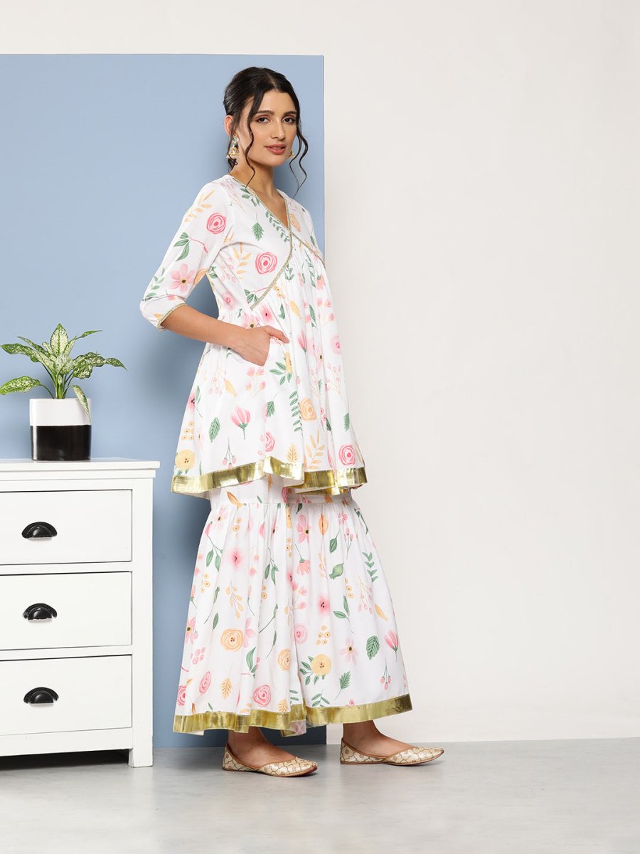 Ahalyaa Women White Floral Printed Pleated Kurta with Sharara & With Dupatta