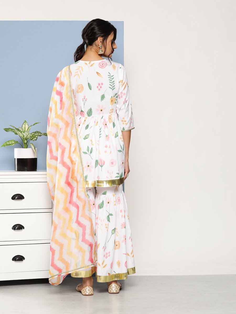 Ahalyaa Women White Floral Printed Pleated Kurta with Sharara & With Dupatta