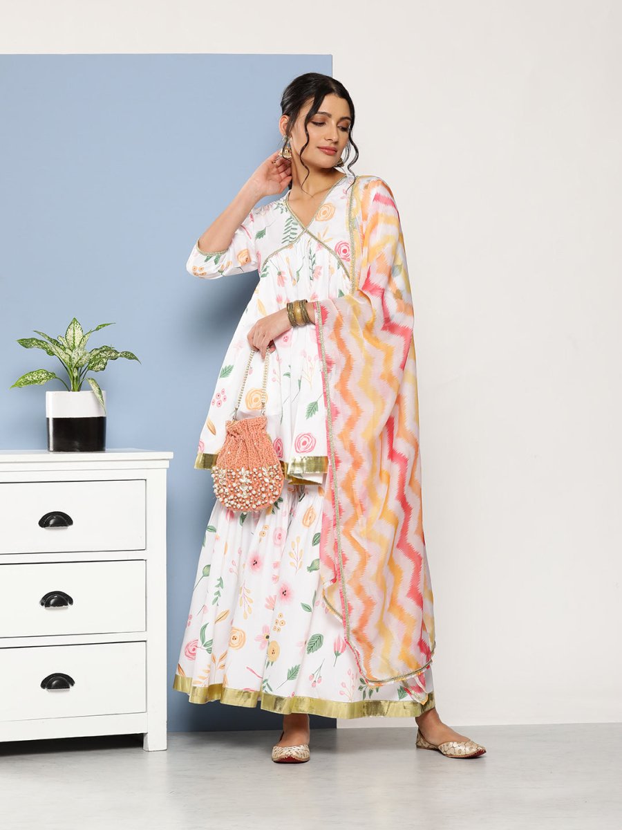 Ahalyaa Women White Floral Printed Pleated Kurta with Sharara & With Dupatta