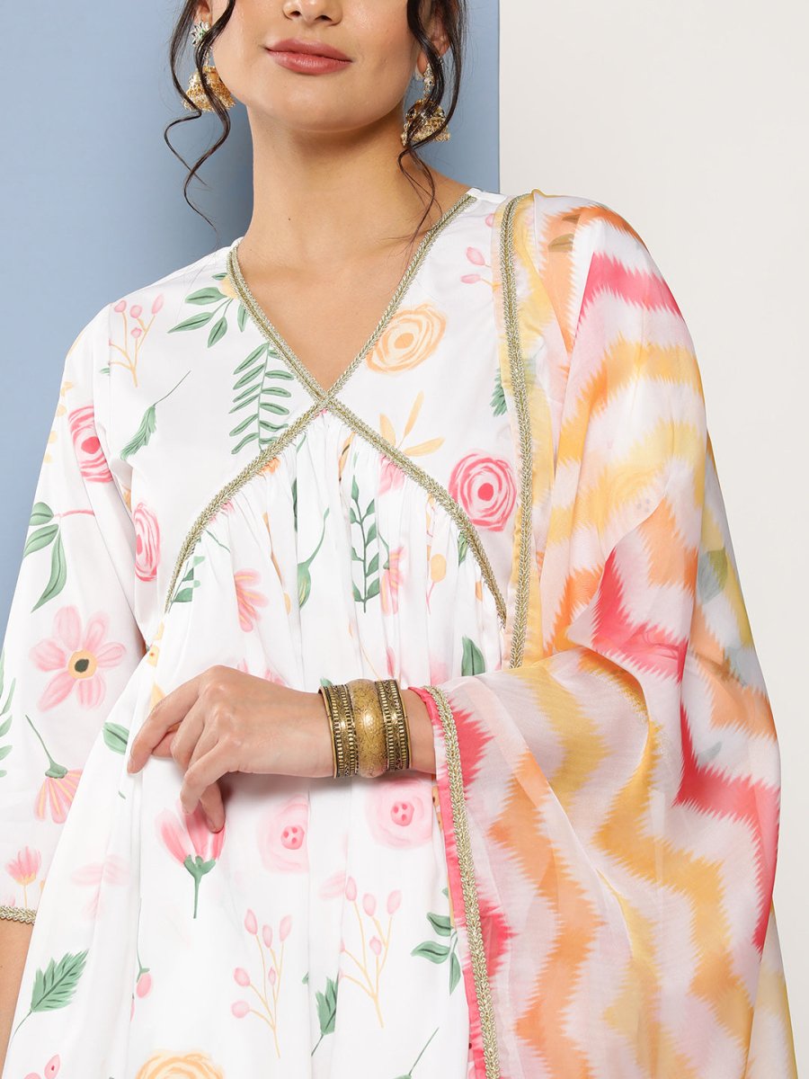 Ahalyaa Women White Floral Printed Pleated Kurta with Sharara & With Dupatta