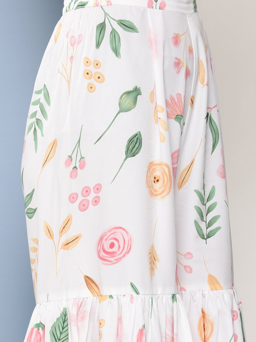 Ahalyaa Women White Floral Printed Pleated Kurta with Sharara & With Dupatta