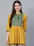 Ahalyaa Mustard Yellow & Green Printed A-Line Tunic