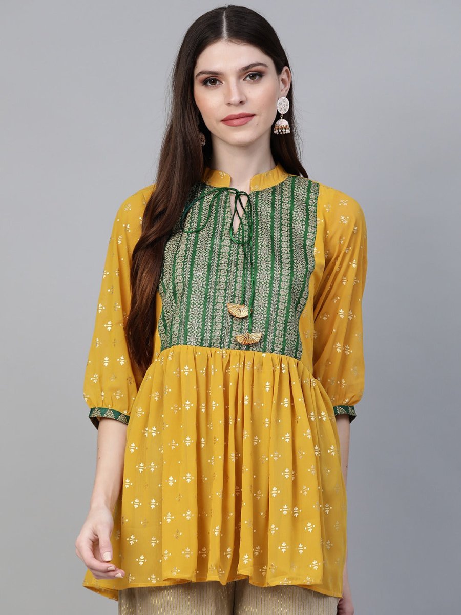 Ahalyaa Mustard Yellow & Green Printed A-Line Tunic