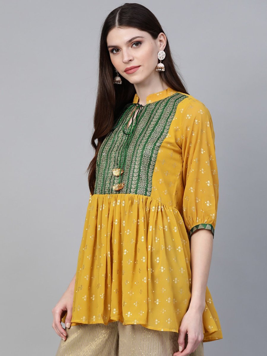 Ahalyaa Mustard Yellow & Green Printed A-Line Tunic