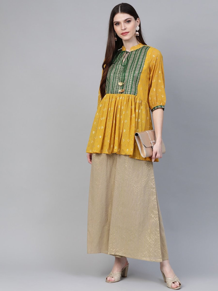 Ahalyaa Mustard Yellow & Green Printed A-Line Tunic