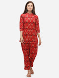 Ahalyaa Women Red Printed Velvet Kurti with Pyjamas