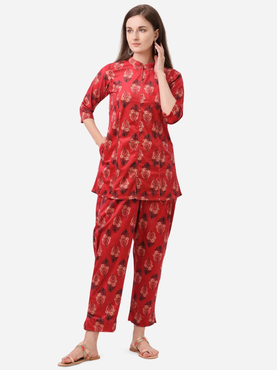 Ahalyaa Women Red Printed Velvet Kurti with Pyjamas