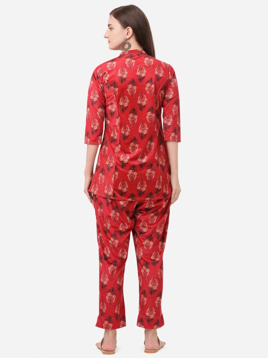 Ahalyaa Women Red Printed Velvet Kurti with Pyjamas