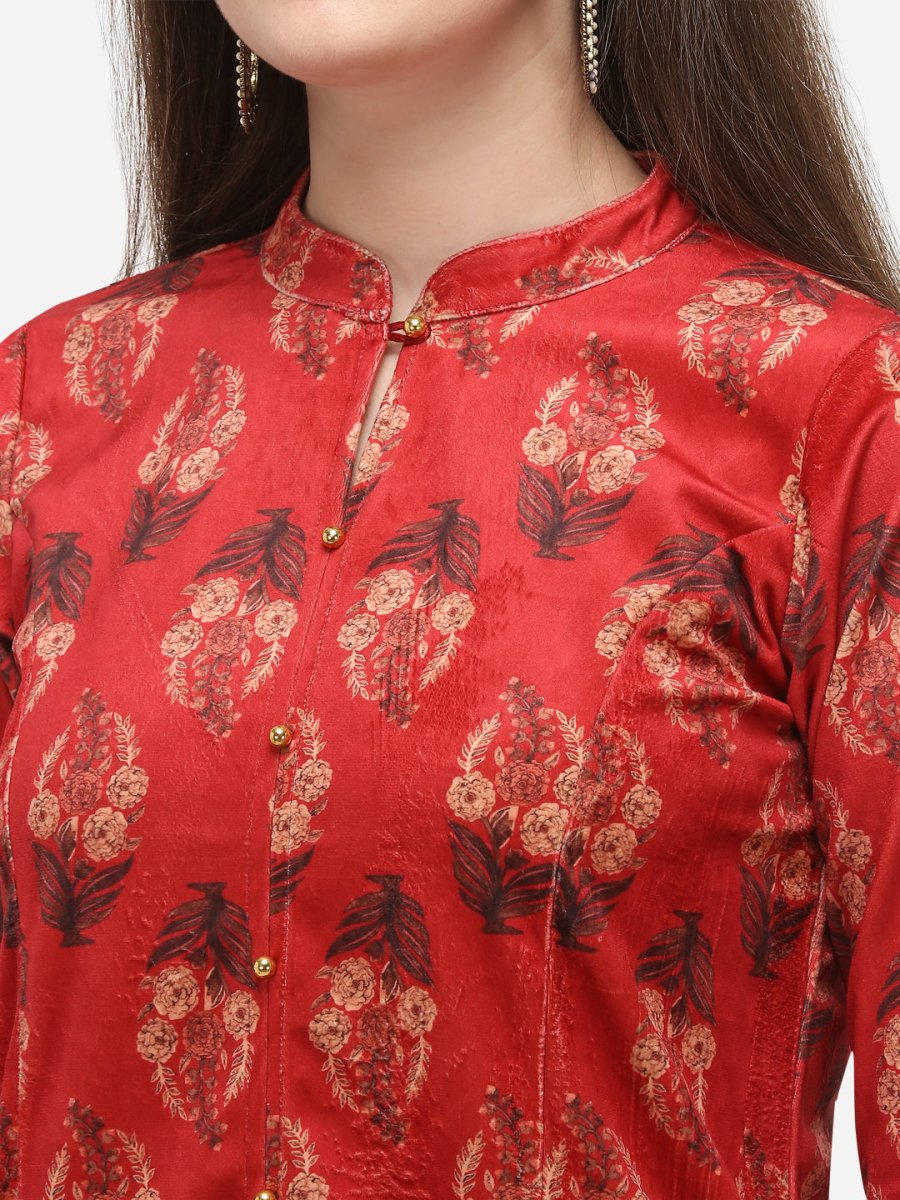 Ahalyaa Women Red Printed Velvet Kurti with Pyjamas