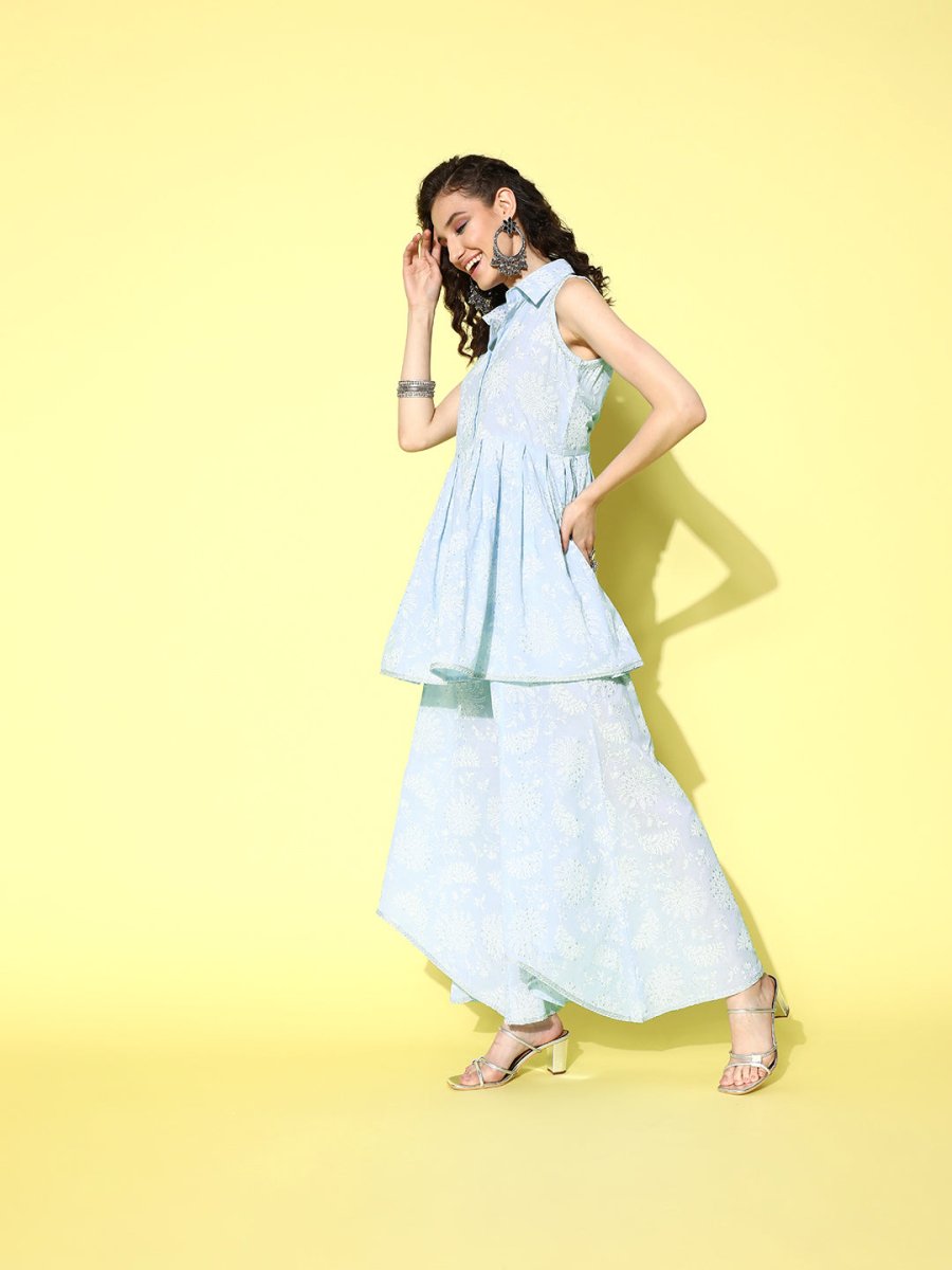 Ahalyaa Blue Pure Cotton Tunic & Palazzos Ethnic Co-Ords