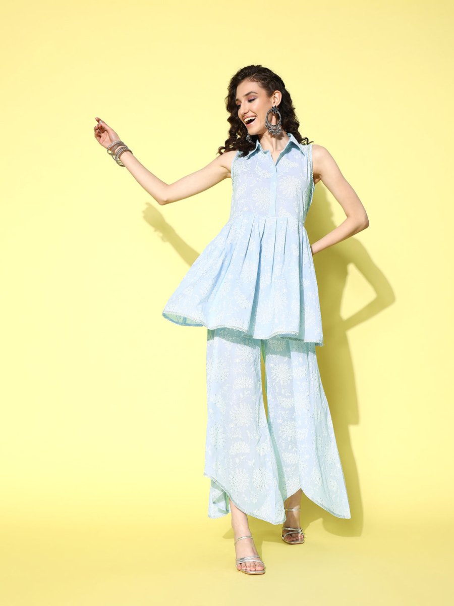 Ahalyaa Blue Pure Cotton Tunic & Palazzos Ethnic Co-Ords