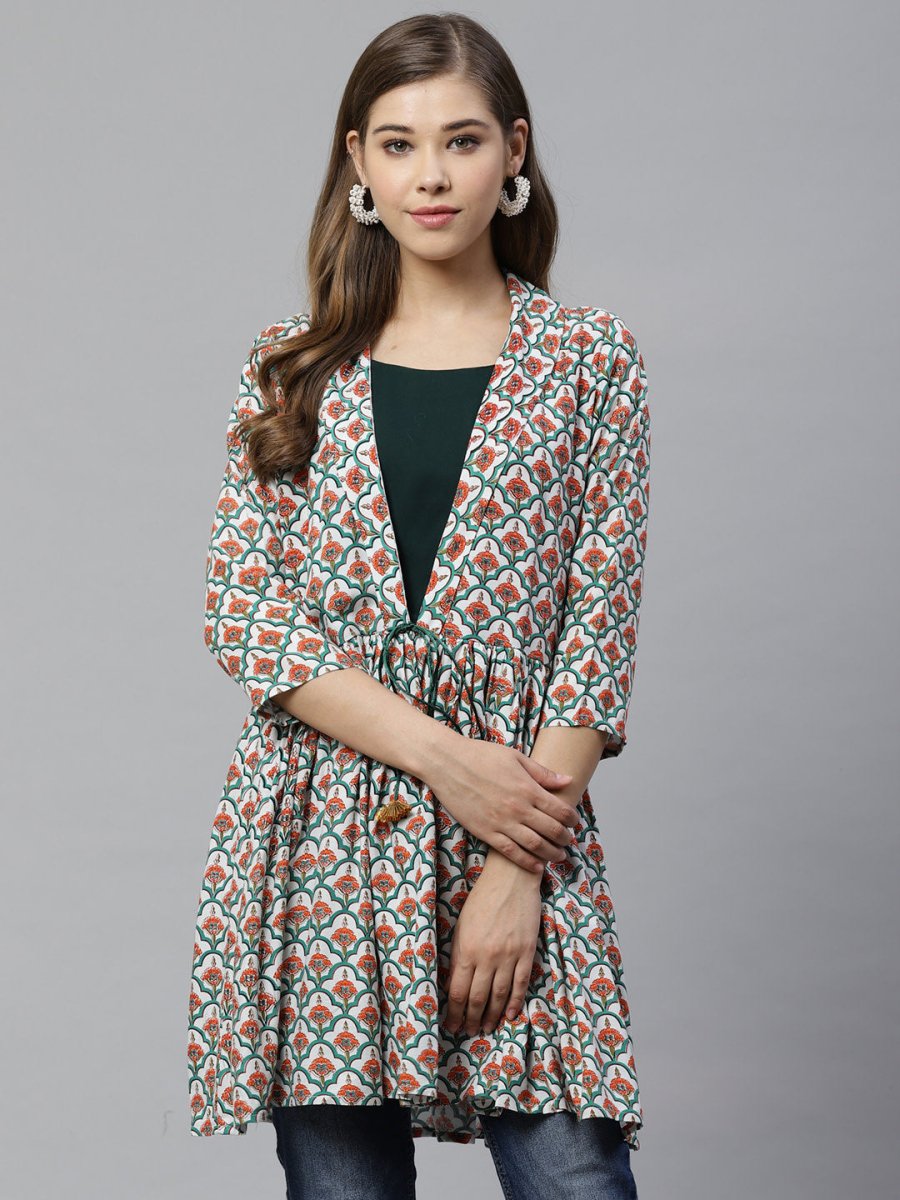 Ahalyaa White & Teal Green Ethnic Printed Waist Tie-Up Tunic