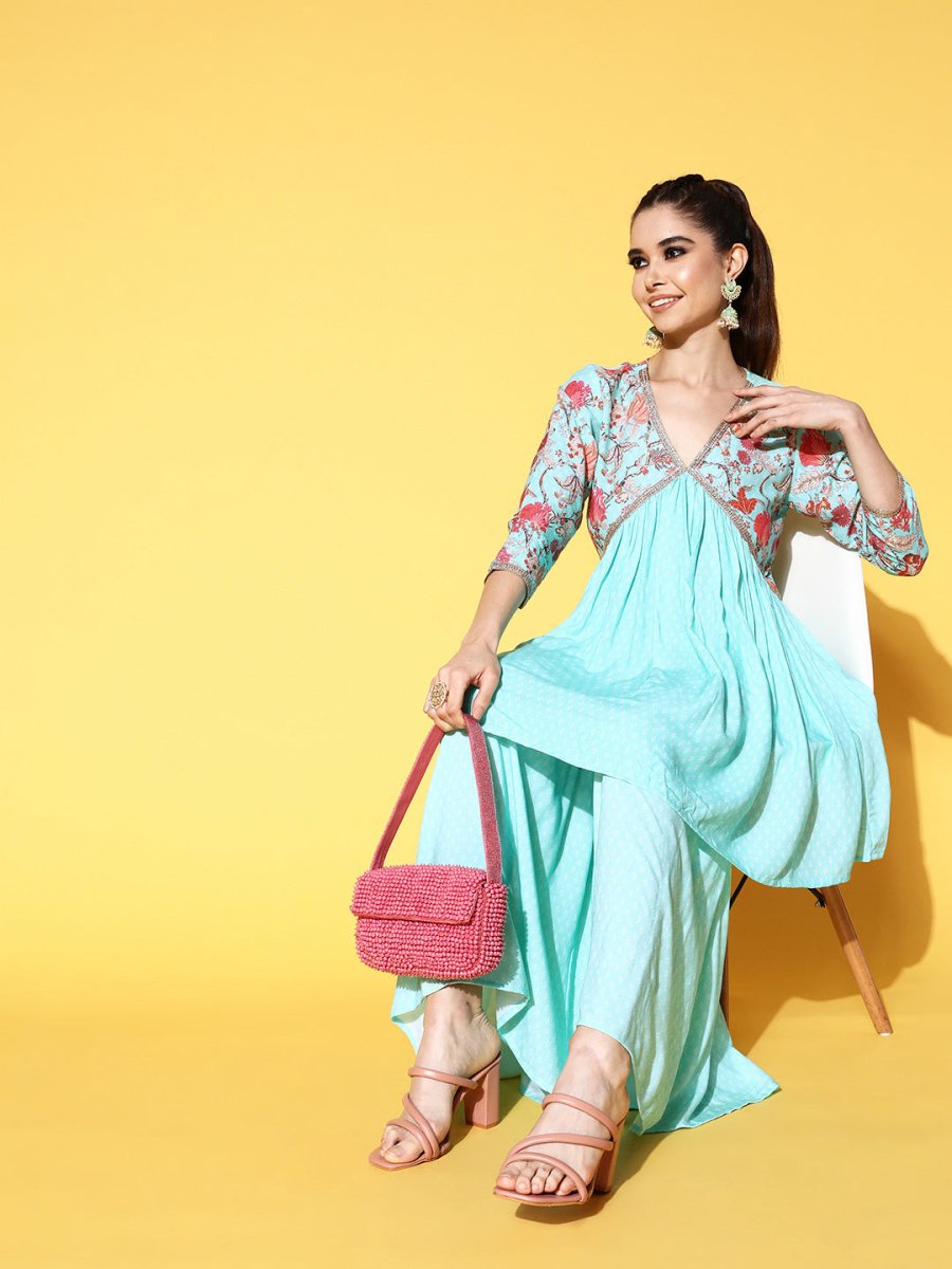 Ahalyaa Women Floral Printed Pleated Kurti with Sharara