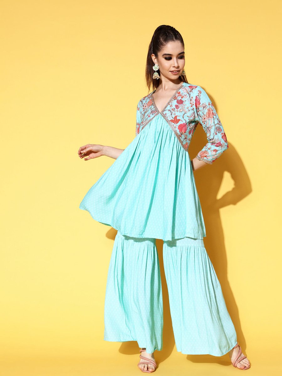 Ahalyaa Women Floral Printed Pleated Kurti with Sharara
