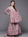 Ahalyaa Women Pink Ethnic Motifs Gotta Patti Velvet Kurta with Palazzos