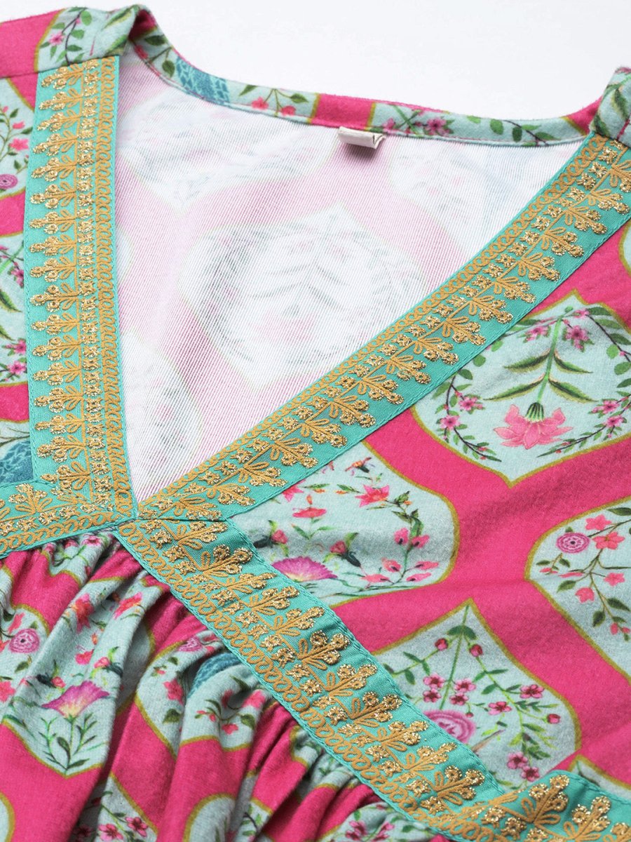 Ahalyaa Women Pink Ethnic Motifs Gotta Patti Velvet Kurta with Palazzos