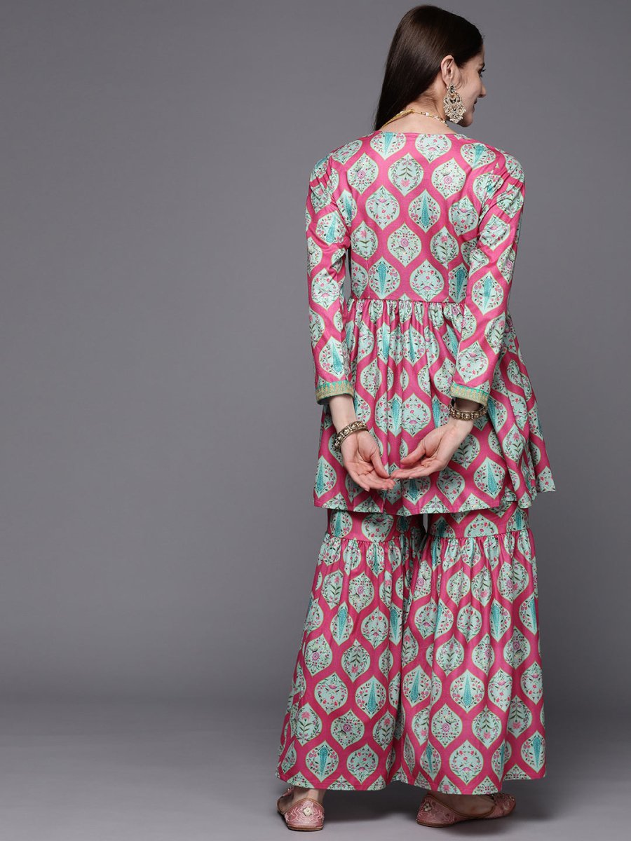 Ahalyaa Women Pink Ethnic Motifs Gotta Patti Velvet Kurta with Palazzos