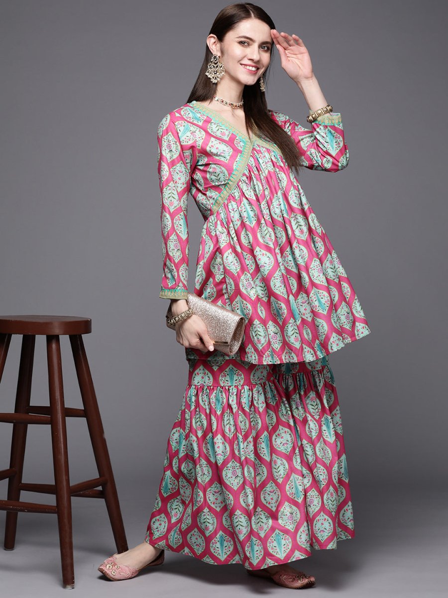 Ahalyaa Women Pink Ethnic Motifs Gotta Patti Velvet Kurta with Palazzos