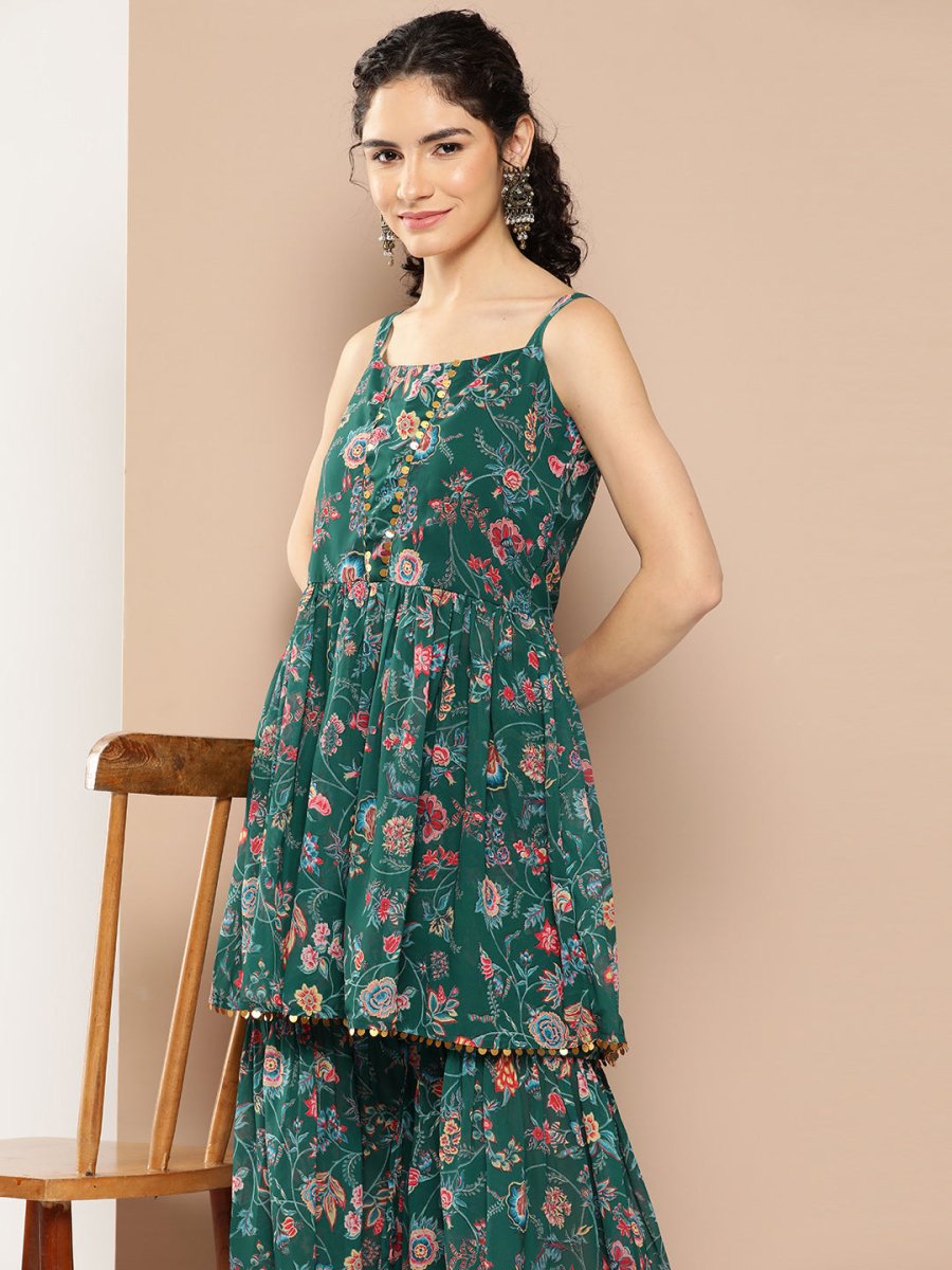 Ahalyaa Women Floral Printed Pleated Sequinned Top with Sharara