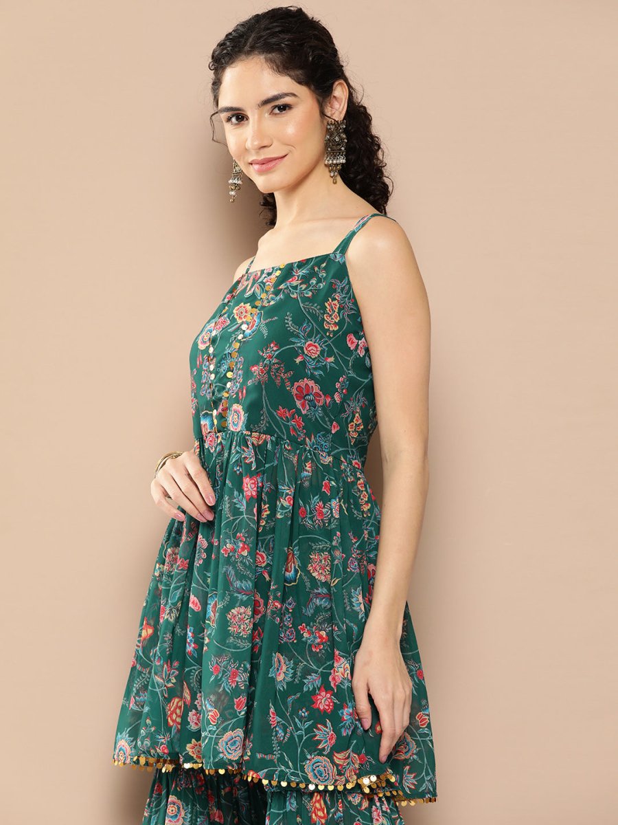 Ahalyaa Women Floral Printed Pleated Sequinned Top with Sharara