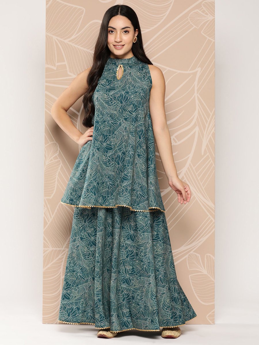 Ahalyaa Printed Crepe Ethnic Halter Neck Tunic With Skirt