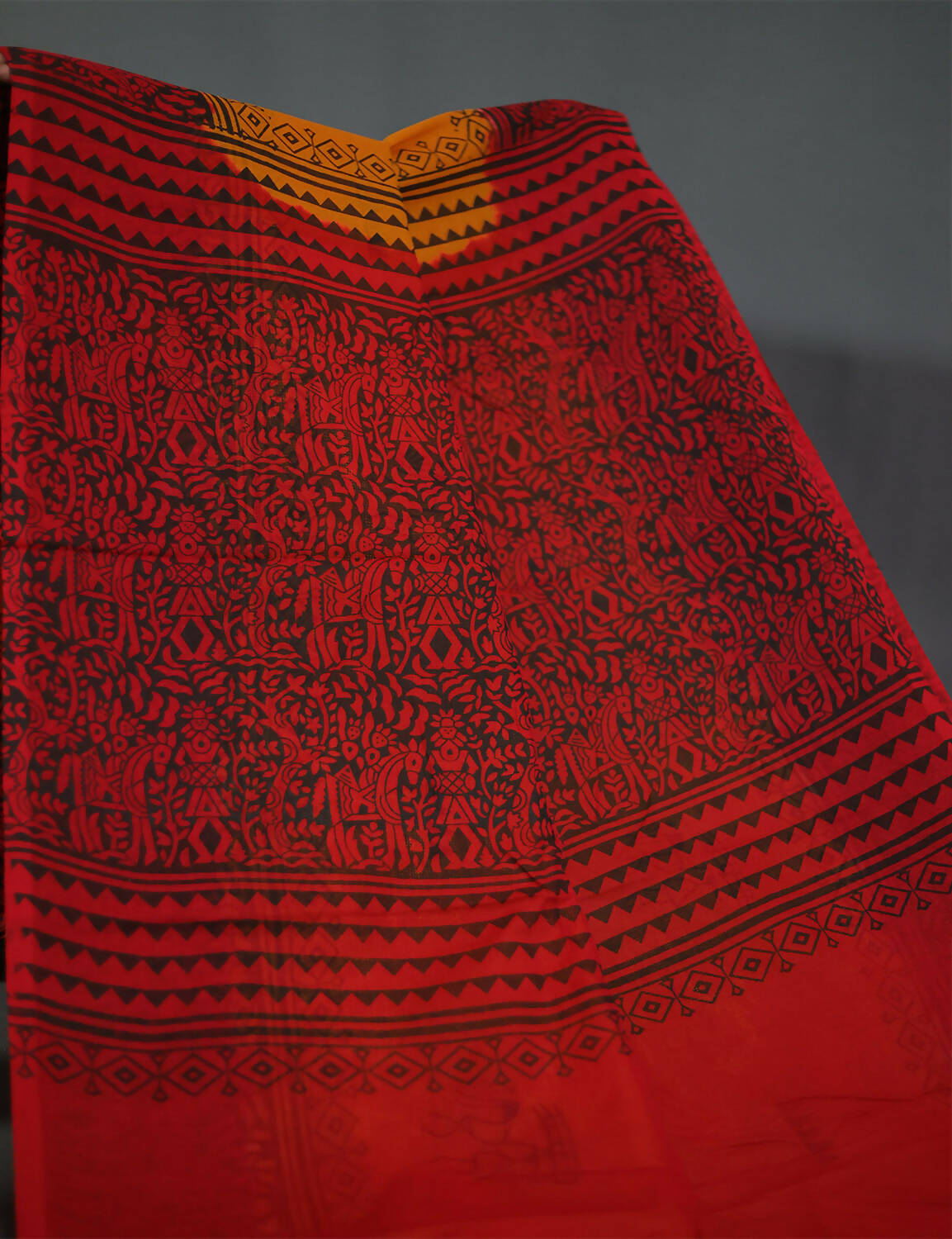 Shades Of Orange And Maroon Red Pure Munga Cotton Block Print Saree By Gayathri Reddy Designer Studio