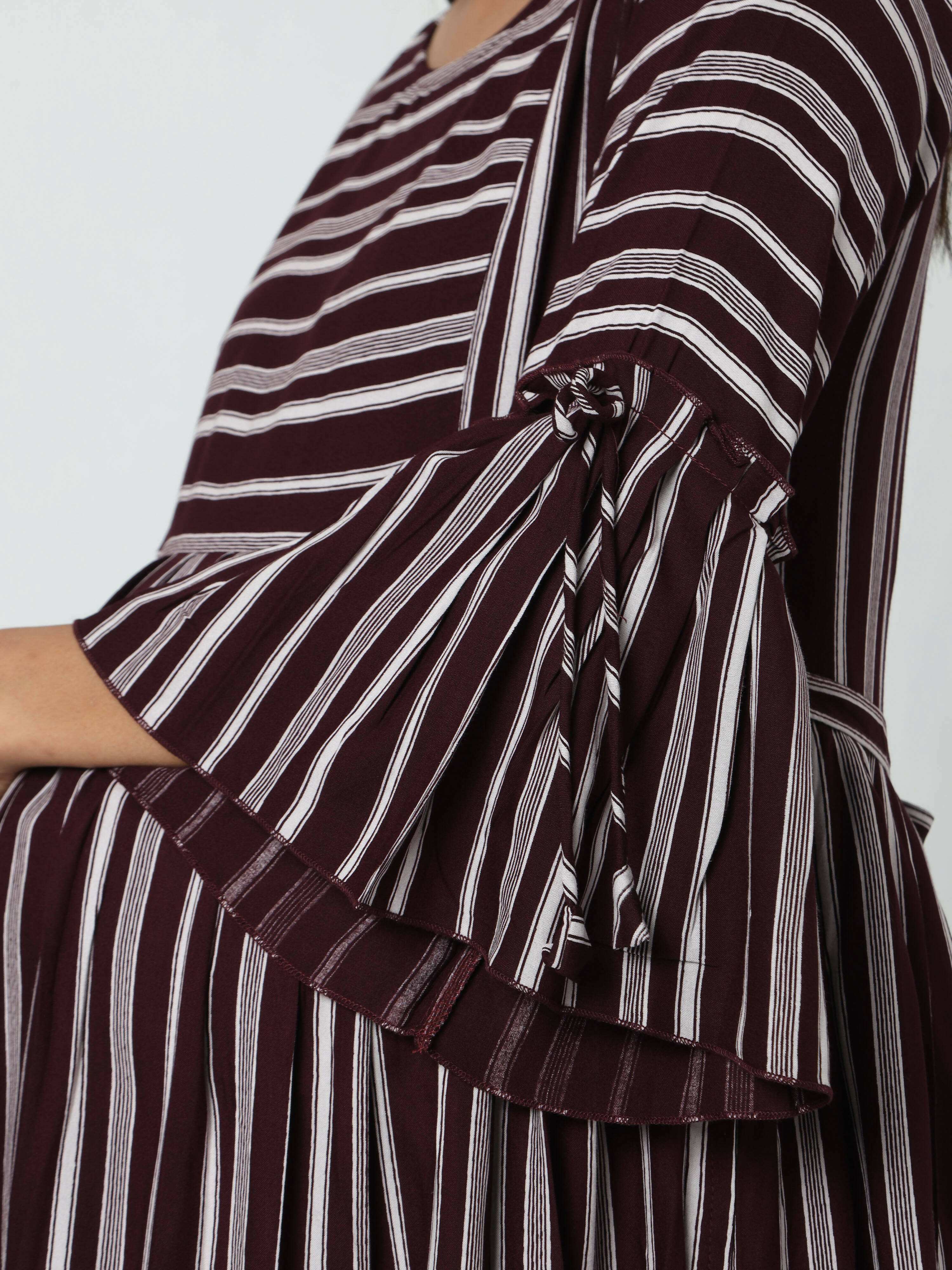 Manet Three Fourth Maternity Dress Striped With Concealed Zipper Nursing Access - Brown