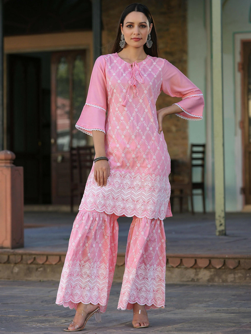 Juniper Women's Pink Chinnon Embroidered Kurta Garara Set