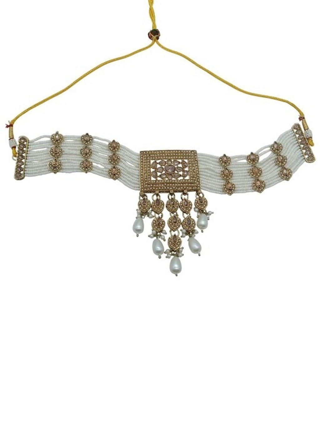 Jewel City Traditional Ethnic Antique Gold-Plated Pearl Bridal Choker Set with Earrings, Maang Tikka