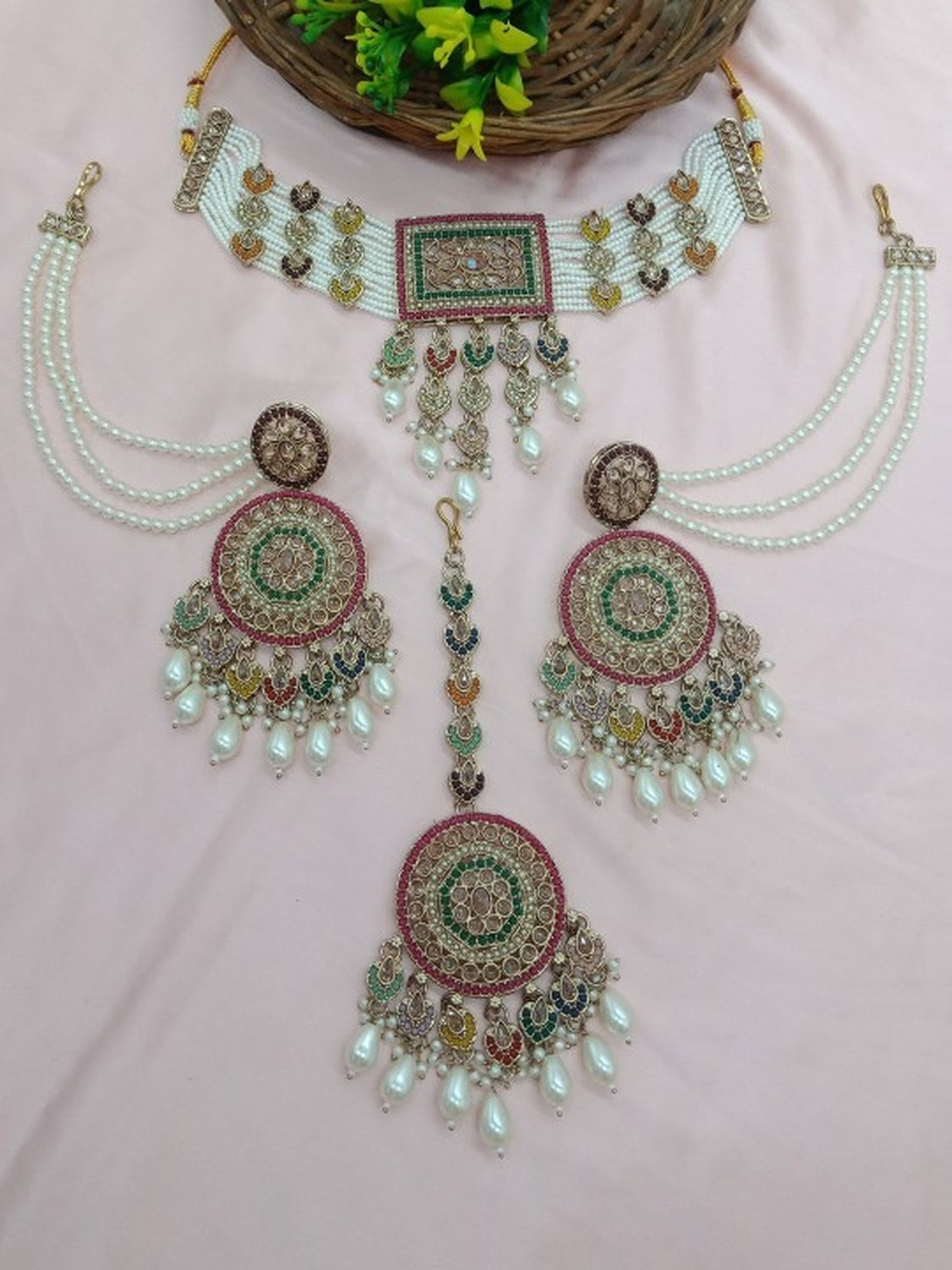 Jewel City Traditional Ethnic Antique Gold-Plated Pearl Bridal Choker Set with Earrings, Maang Tikka