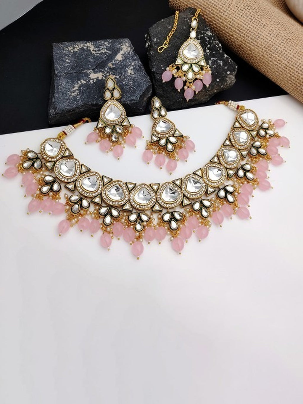 Jewel City Gold-Plated Kundan Choker Necklace Set with Beads & Maang Tikka | Traditional Indian Bridal Jewelry