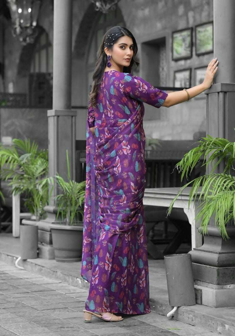 stylish Casual Purple Imported georgette Ready to Wear Fancy Saree - Ashwini