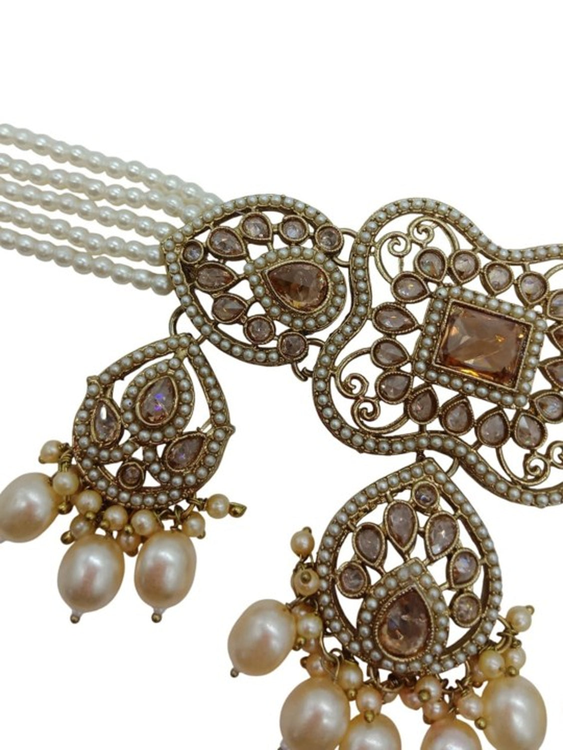 Jewel City Elegant Champagne Pearl Choker Jewelry Set with Tikka - Antique Finish Bridal Collection