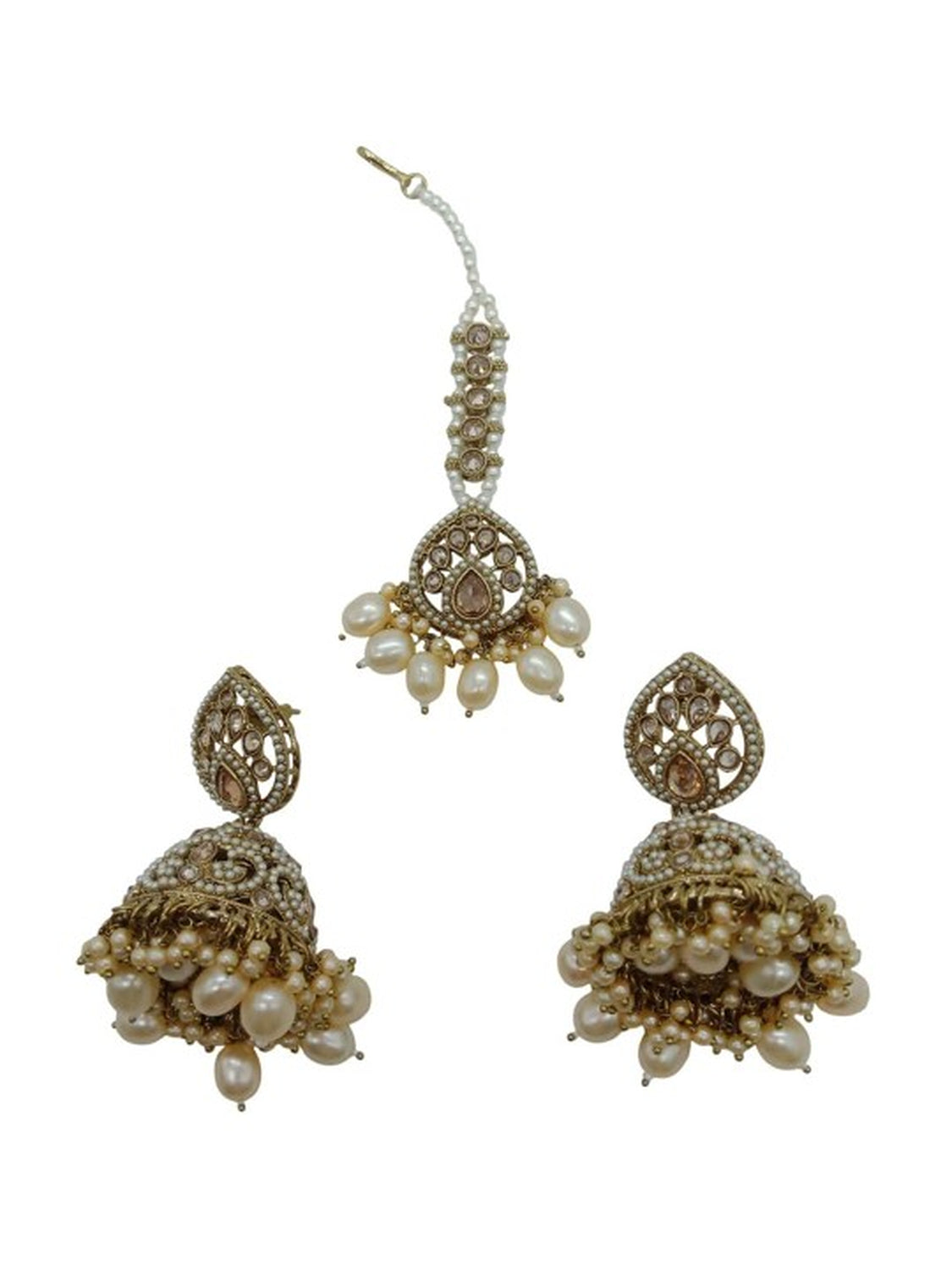 Jewel City Elegant Champagne Pearl Choker Jewelry Set with Tikka - Antique Finish Bridal Collection