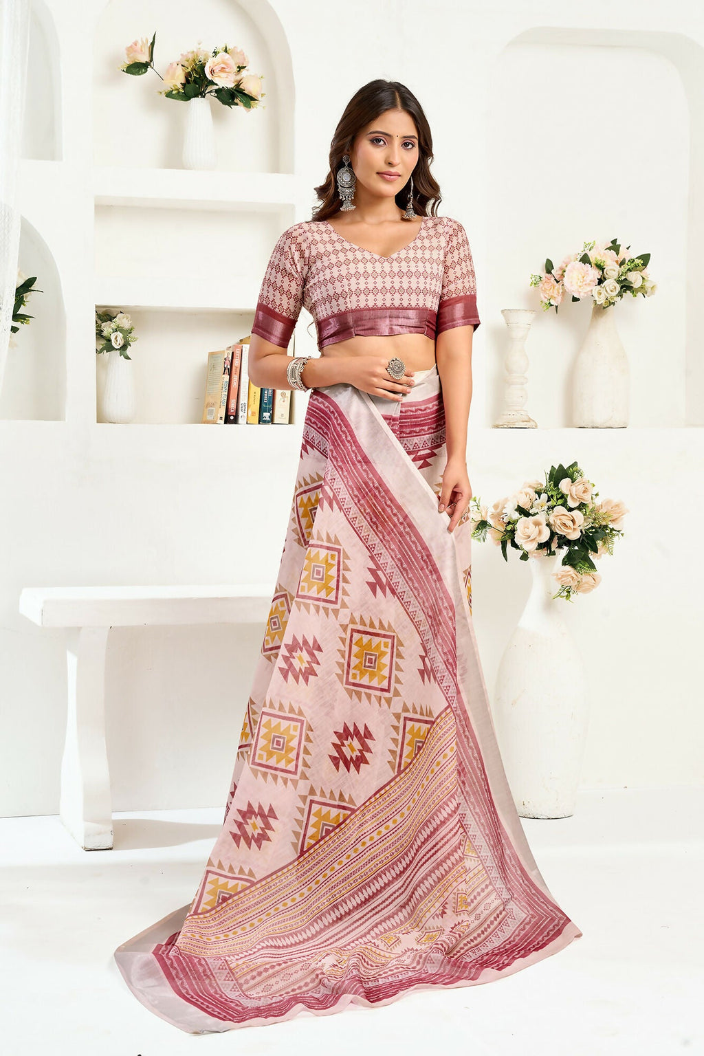 Vastranavya White Maroon Digital Printed Linen Ready To Wear Designer Saree with Unstitched Blouse