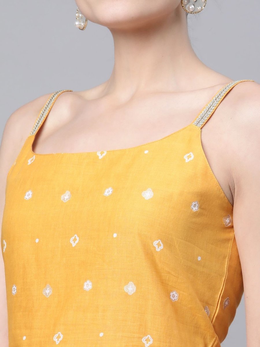 Ahalyaa Women Mustard Pure Cotton Porcian Print Shoulder Straps Tunic