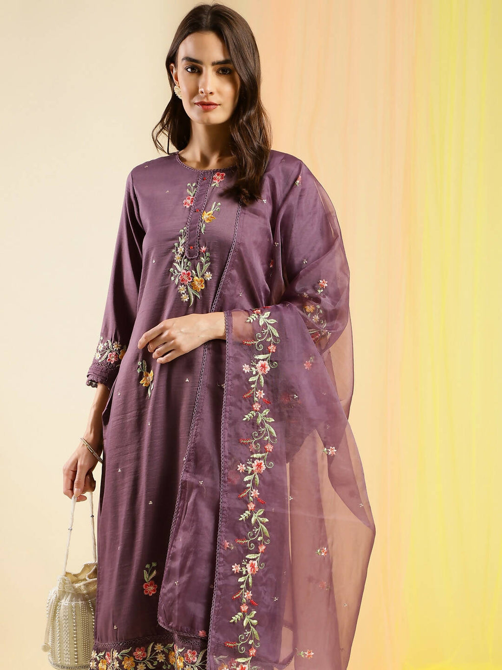 Wine Chinon Embroidered Straight Kurta with Trouser & Dupatta - Salimar