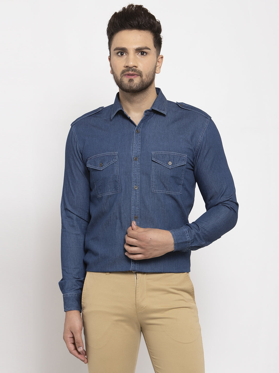Jainish Navy Men's Denim Solid Formal Shirt's ( SF 763Navy )
