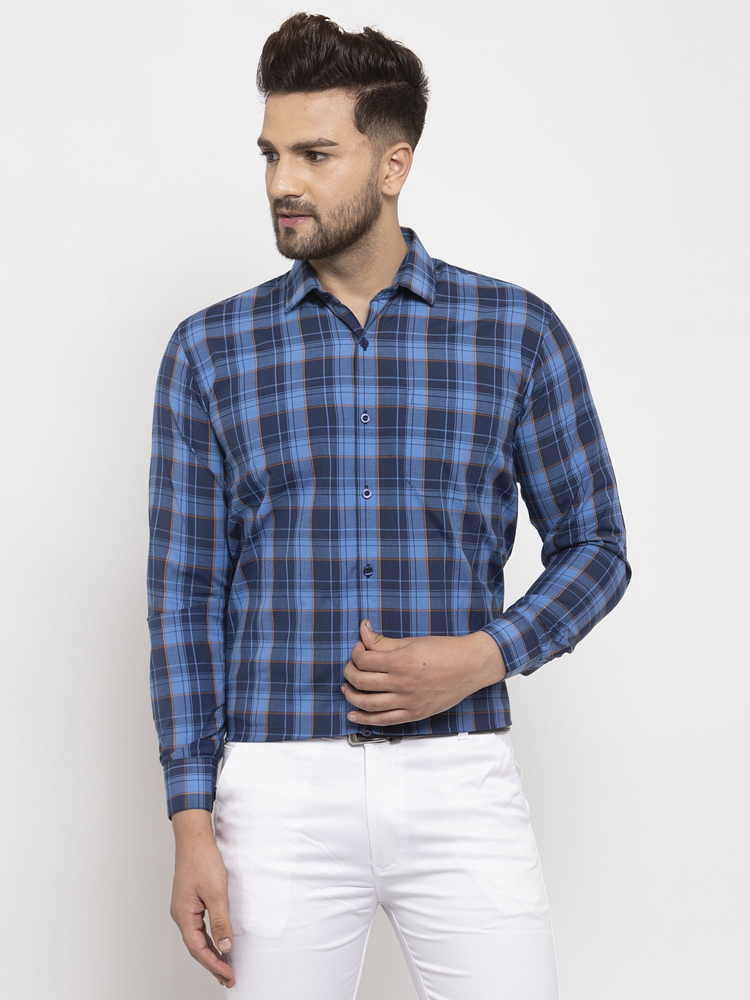 Jainish Blue Men's Cotton Checked Formal Shirt's ( SF 764Royal-Blue )