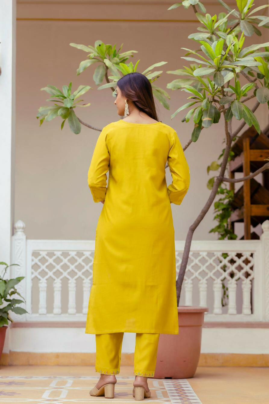 The52 Yellow Women's Gorgeous Embroidered work Viscose Gadhwal Fabric Straight Kurta, Pant and Dupatta Set