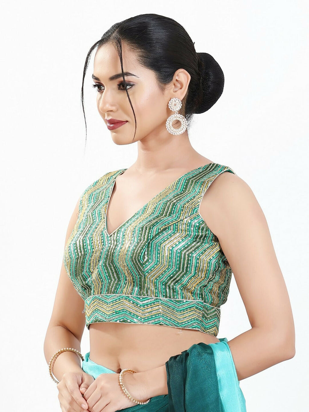 Joban Fashion Green Multi Silk Padded Blouse With V Neck Sleeveless