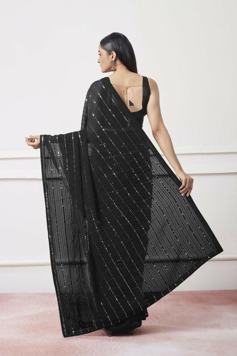 Black Georgette Sequance,Thread Embroidery Work Saree with Unstitched Blouse - Vandini