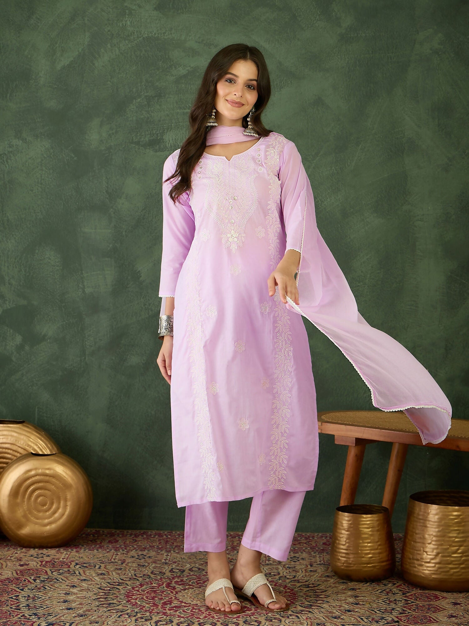 The52 Purple Women's Gorgeous Cotton Blend Fabric Thread Work Straight Kurta, Pant and Dupatta Set