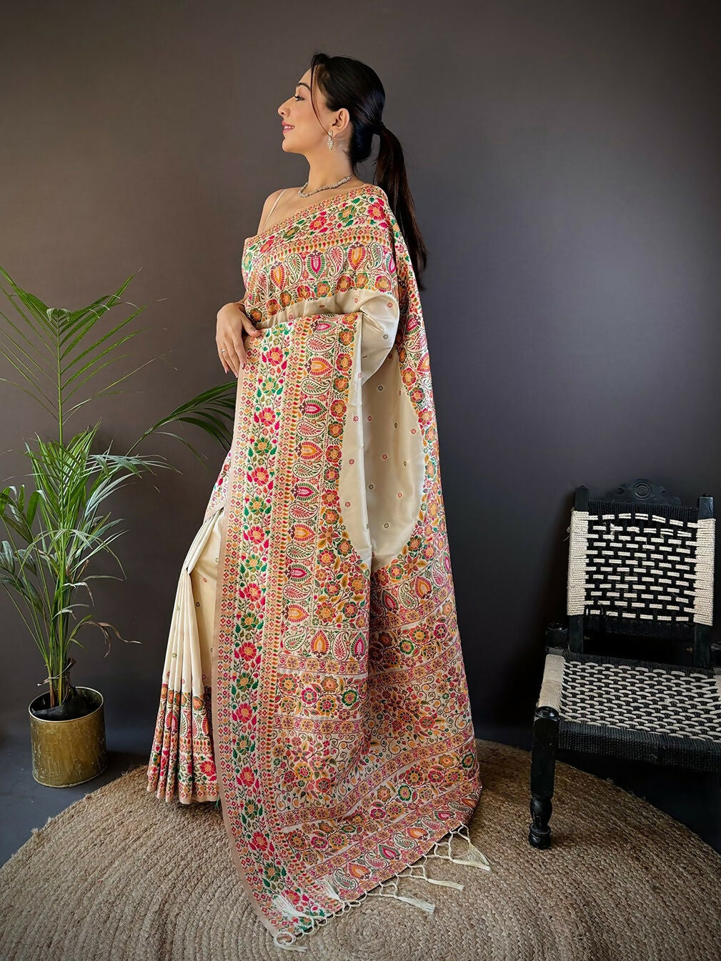 Joban Fashion White Meena Weaves Pashmina Sarees